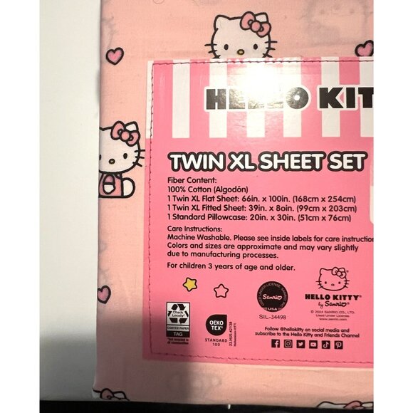 NWT SANRIO HELLO KITTY Twin X-Long Sheet Set w/ Pink Bows & Hearts 100% Cotton - Picture 9 of 9